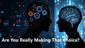 A modern tech-art illustration showing a human head silhouette with internal gears turning, while a shadowy AI figure whispers binary code from behind. The background splits between app icons and neural pathways, symbolizing the intersection of technology and human cognition.