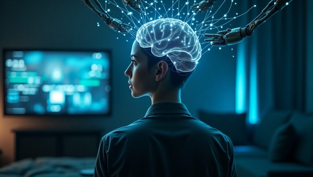 A modern tech-art illustration showing a human head silhouette with internal gears turning, while a shadowy AI figure whispers binary code from behind. The background splits between app icons and neural pathways, symbolizing the AI and Human Behavior intersection of technology and human cognition