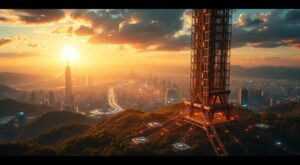 A massive futuristic tower rising from a lush green mountain overlooking a sprawling modern city at sunset, symbolizing the enduring structure of blockchain and its role in preserving human legacy.