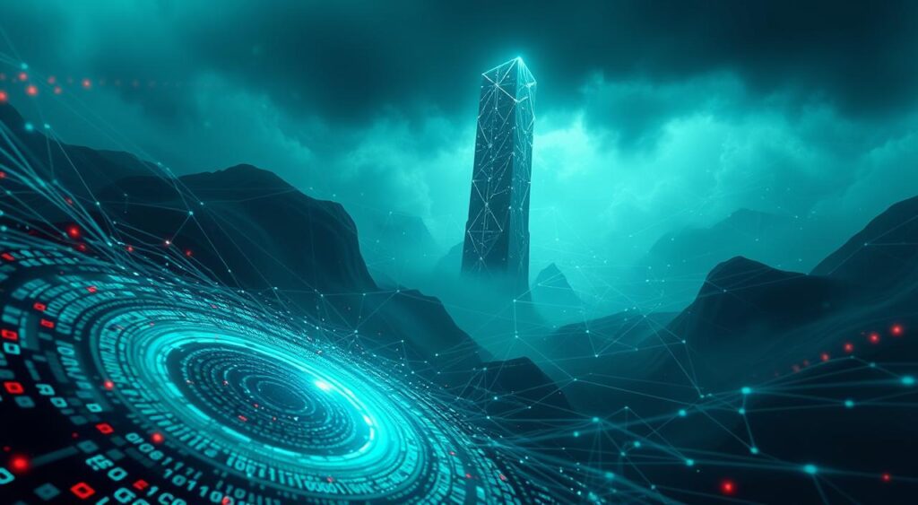 A glowing digital monolith standing tall in a dark, mountainous landscape, surrounded by swirling networks of binary code and data nodes, representing Blockchain and Digital Legacy of eternal digital memory and decentralized legacy.