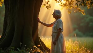 Elderly woman touching an oak tree in golden forest light. Showing Nature and Human Relationship