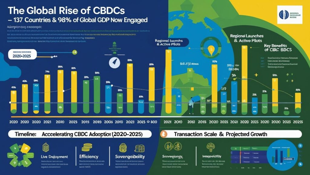 Infographic depicting worldwide Central Bank Digital Currency adoption trends in 2025; includes a timeline from 2020 to 2025, highlights of active pilots in countries, benefits such as financial inclusion and efficiency, transaction growth, key challenges, and major upcoming launches — all designed with professional blue and green visuals.