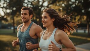 Middle-aged Couple Jogging at Sunrise as Jogging will make you look younger