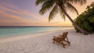 A quiet, pristine Maldivian beach with white sand, turquoise water, and a golden sunset reflecting on the shore. On of another reason Go to the Maldives