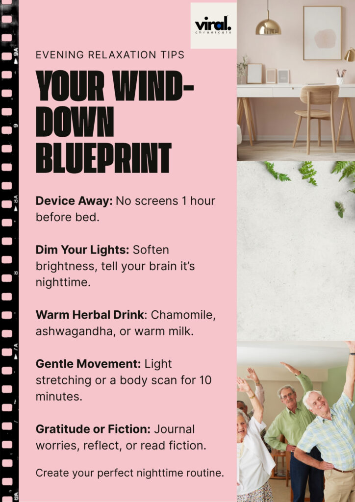 Infographic of 5-step nighttime rituals for better sleep including device-free time, dim lights, herbal tea, gentle movement, and gratitude or fiction journaling.