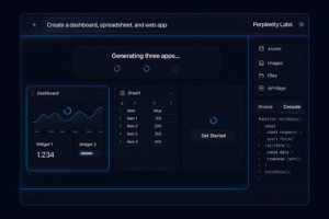 Perplexity Labs AI workspace interface generating a dashboard, spreadsheet, and mini web app from a single prompt
