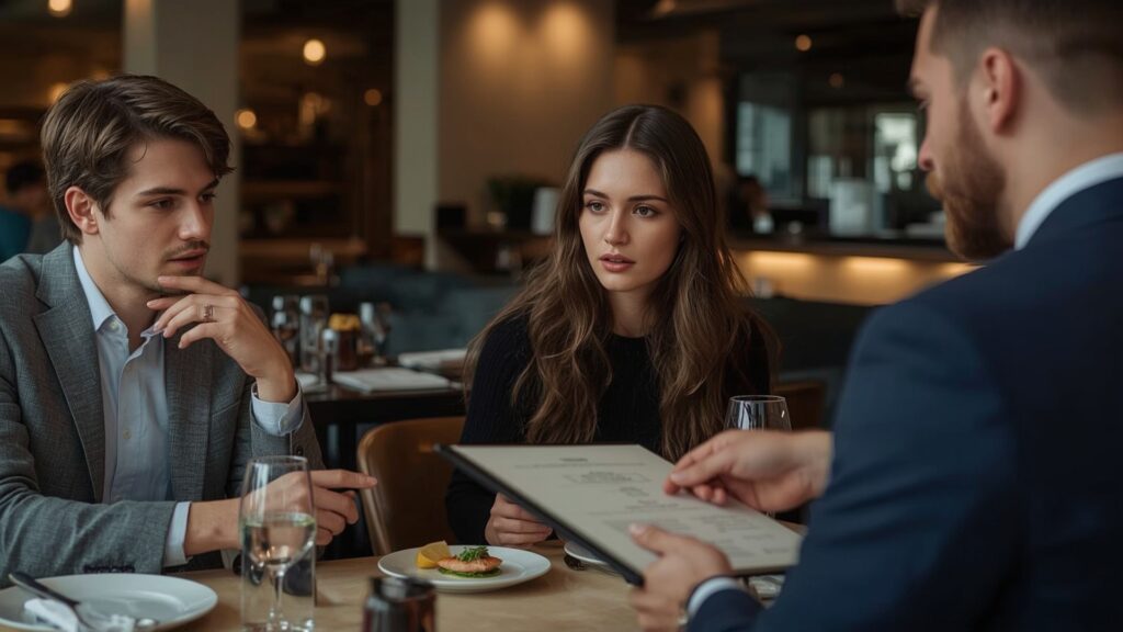 Diner asking questions before ordering seafood at an upscale sustainable seafood restaurant