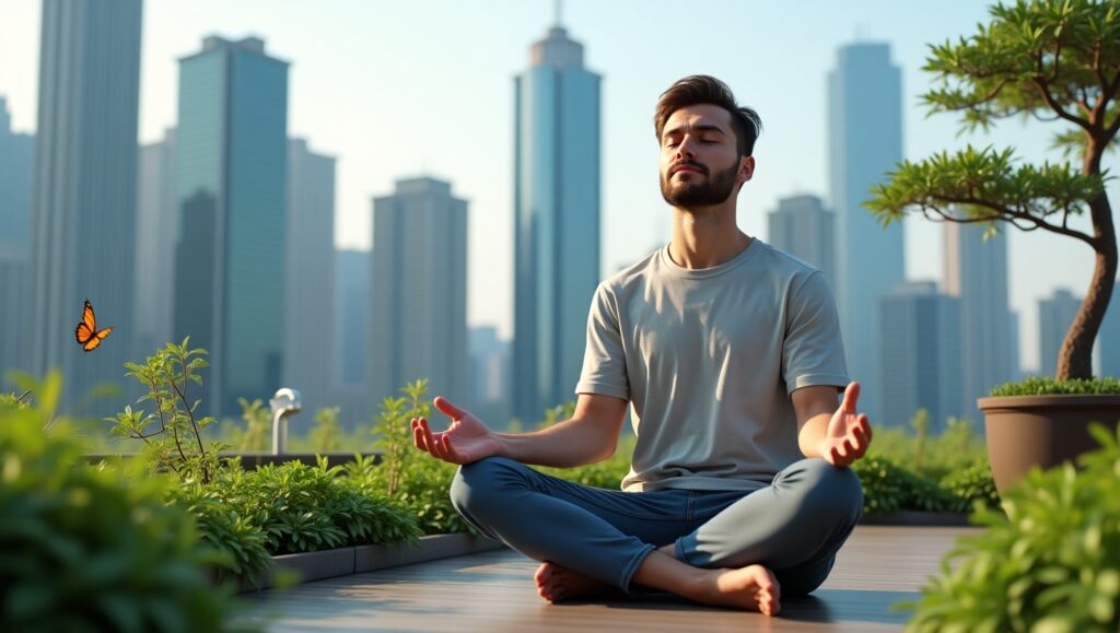 Man meditating in rooftop garden with plants and city skyline in background showing nature and human relationship