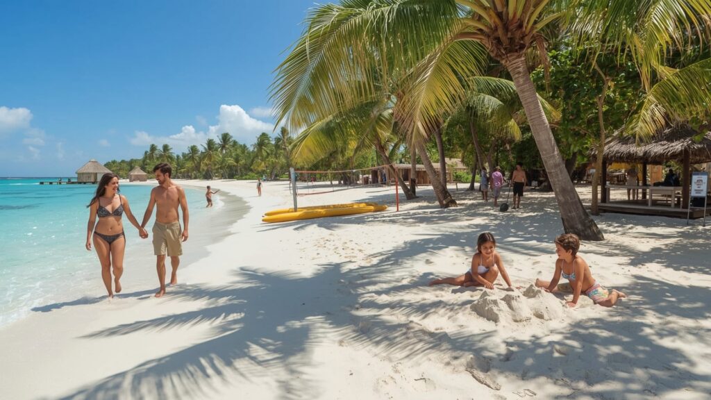 Maldives beach scene with a couple walking along the shore, children playing in the sand, and colorful paddleboards nearby another reason to daytime scene showcases the diversity of beach life in the Maldives. A couple strolls hand-in-hand along the shoreline, while a family plays nearby—children laughing as they build sandcastles under palm shade. Colorful paddleboards and a beach volleyball net in the distance hint at lighthearted adventure. The crystal-clear water glistens under the midday sun, and a beachside juice shack in the background adds a burst of local flavor. This image celebrates connection, joy, and the richness of shared travel moments. Another reason to Go to the Maldives