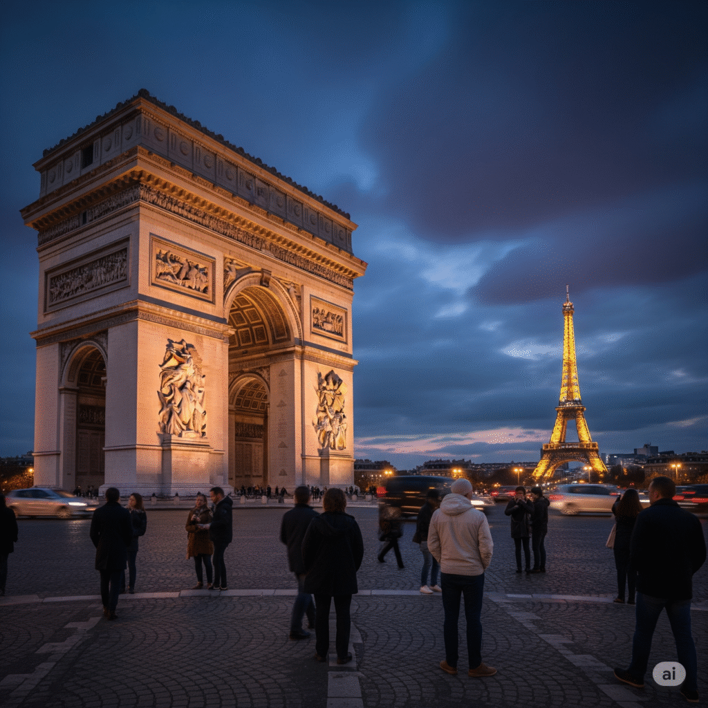 Evening view of the Arc de Triomphe with the Eiffel Tower glowing in the background under a dramatic Parisian sky, 24 hours in the city of love paris.