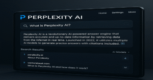 Perplexity AI answer engine interface showing real-time search results with citations and multiple AI models