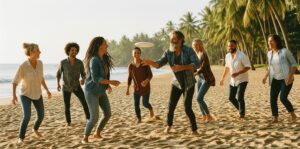 Group of Adults Playing Outdoor Game on the Beach. The Best Outdoor Game for Adults