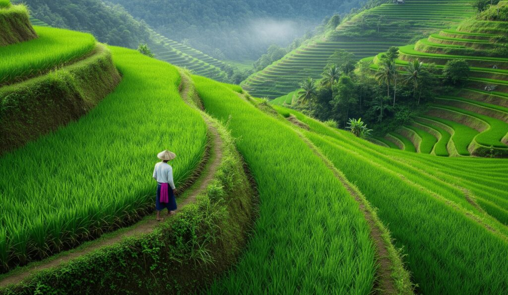 Traditional Farmer Walking Through Rice Terraces in Asia