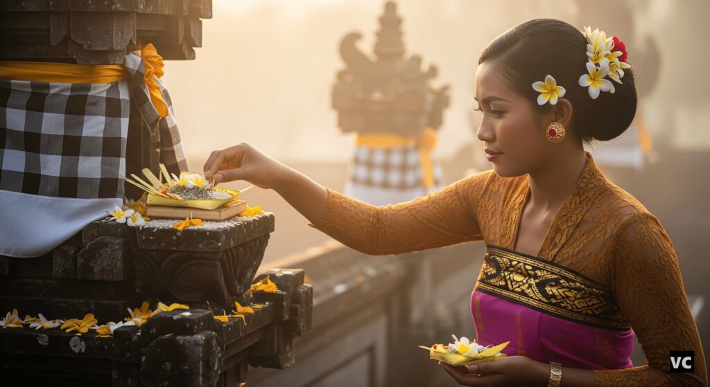 Balinese Woman Offering Rice at a Temple Shrine being a showing Cultural Significance of Rice in Asia