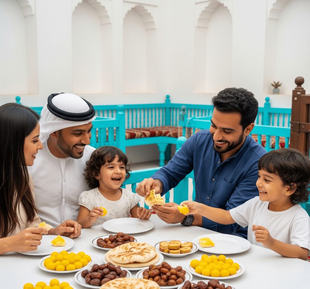 Family Sharing Traditional Emirati Sweets in a Courtyard Enjoying Dubai Local Cuisine