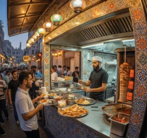 Street Food Vendor in Old Dubai’s Bustling Market Showing Dubai Local Cuisine