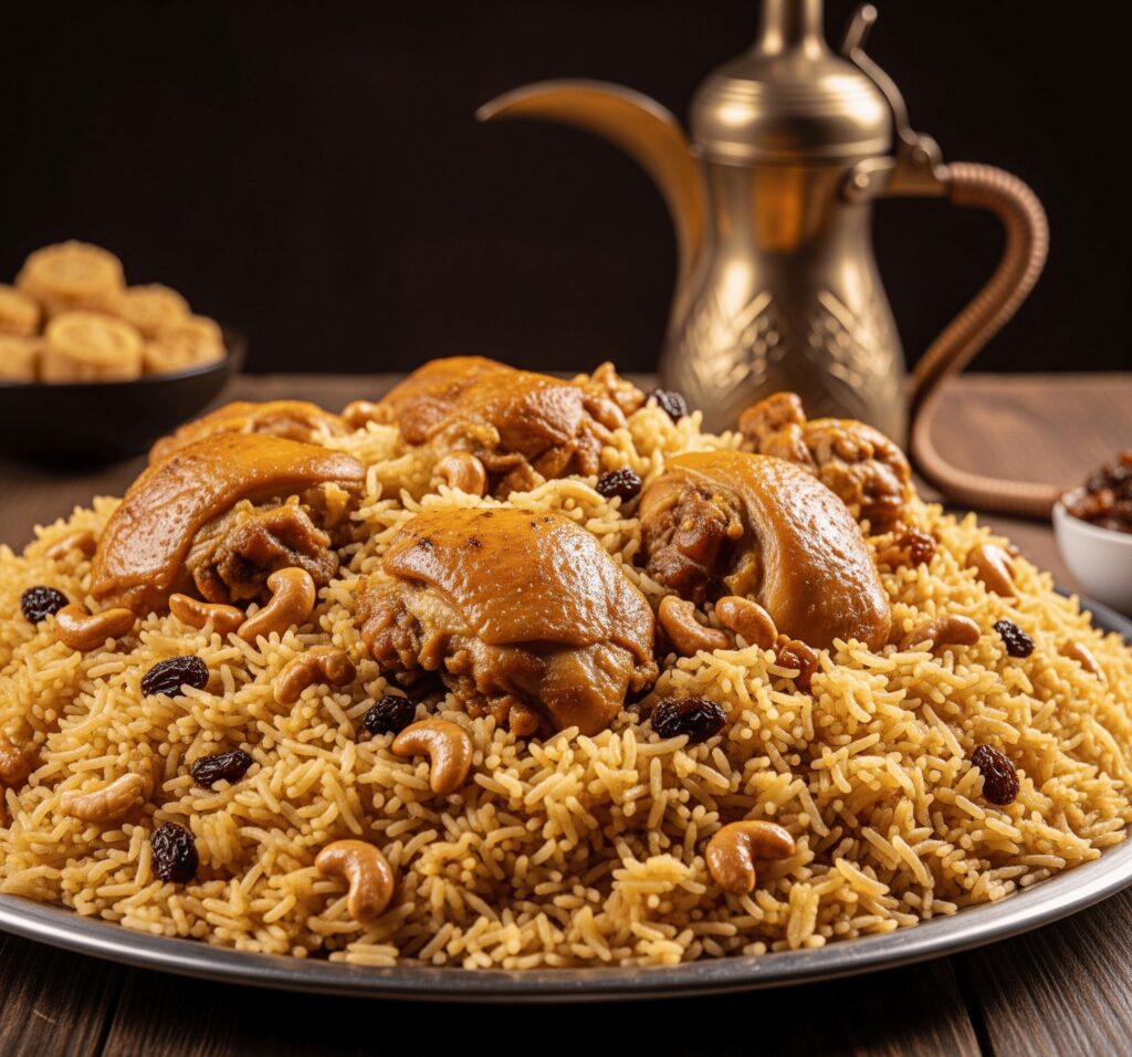 Traditional Emirati Chicken Majboos with Nuts and Raisins