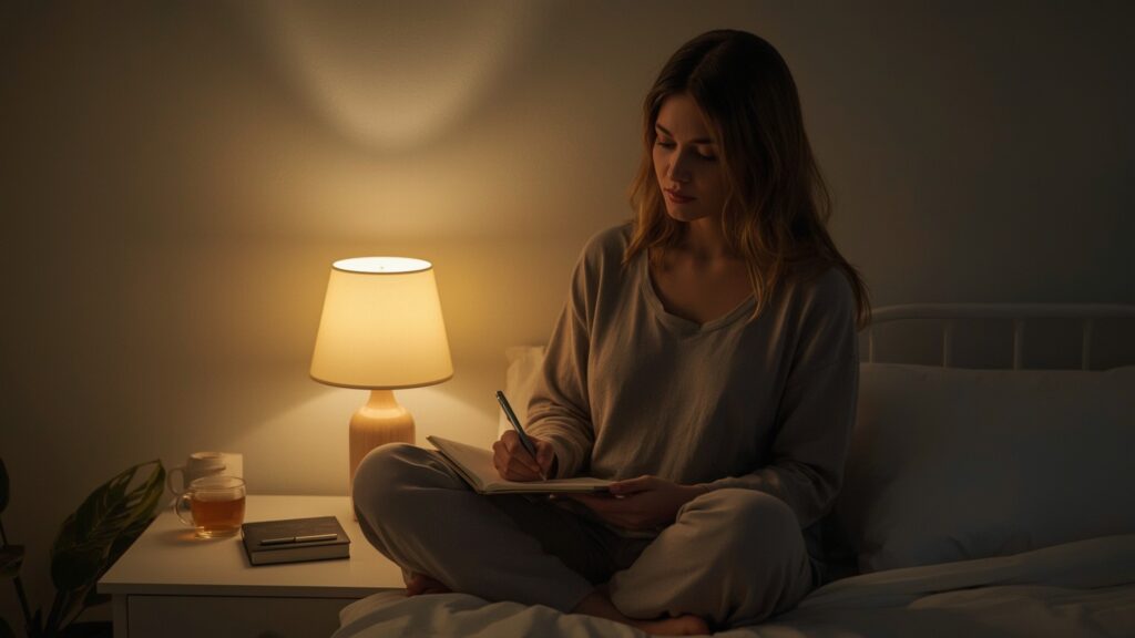 Woman journaling in a cozy, softly lit bedroom as part of her Nighttime Rituals for Better Sleep