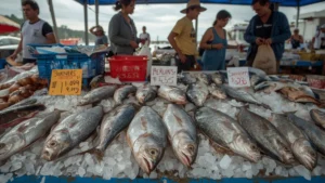 Fresh sustainable seafood stall at a local coastal market with sustainably sourced fish on ice
