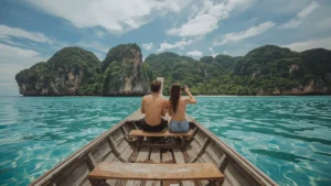 Couple on Longtail Boat Exploring Krabi’s Coastline in 2025