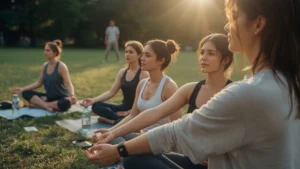 Group participating in outdoor yoga session with snacks and wellness trackers at dawn discussion over 2025 global health and wellness trends