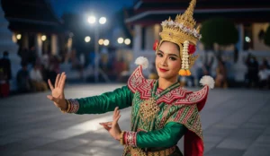 Thai Classical Dancer in Traditional Khon Costume as becoming a part of Cultural Significance of Rice in Asia